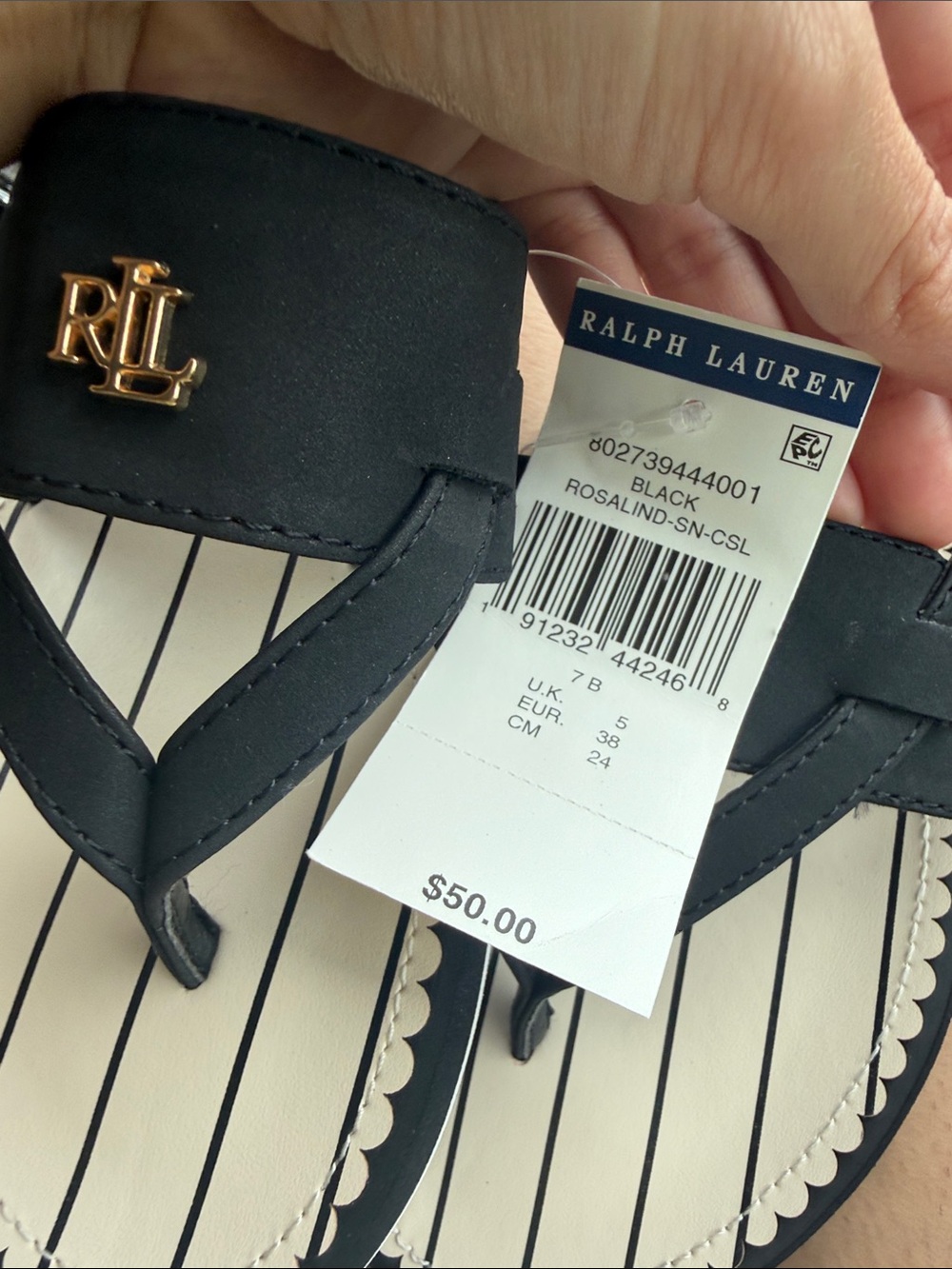 Lauren Ralph Lauren Black and Cream Striped Logo Thong Sandals - Picture 4 of 4